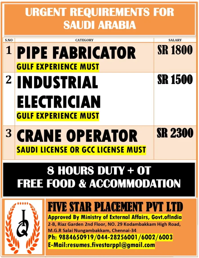 Job Recruitment for Saudi Arabia Positions - Pipe Fabricator, Industrial Electrician, Crane Operator