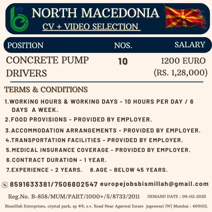 Concrete Pump Driver operating machinery at construction site in North Macedonia