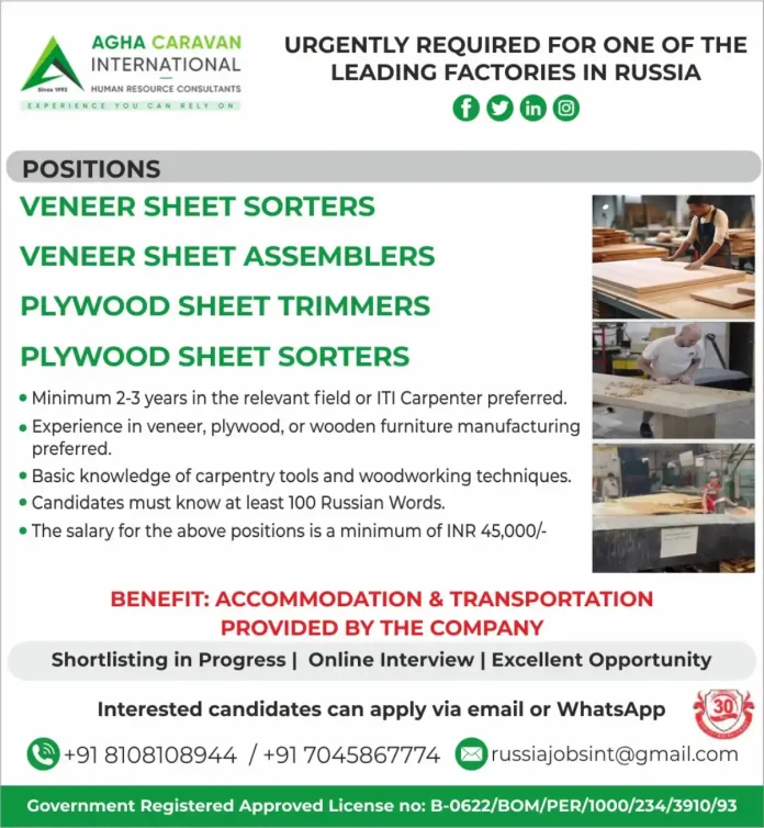 Veneer and Plywood Factory Workers Jobs in Russia - AGHA CARAVAN Recruitment