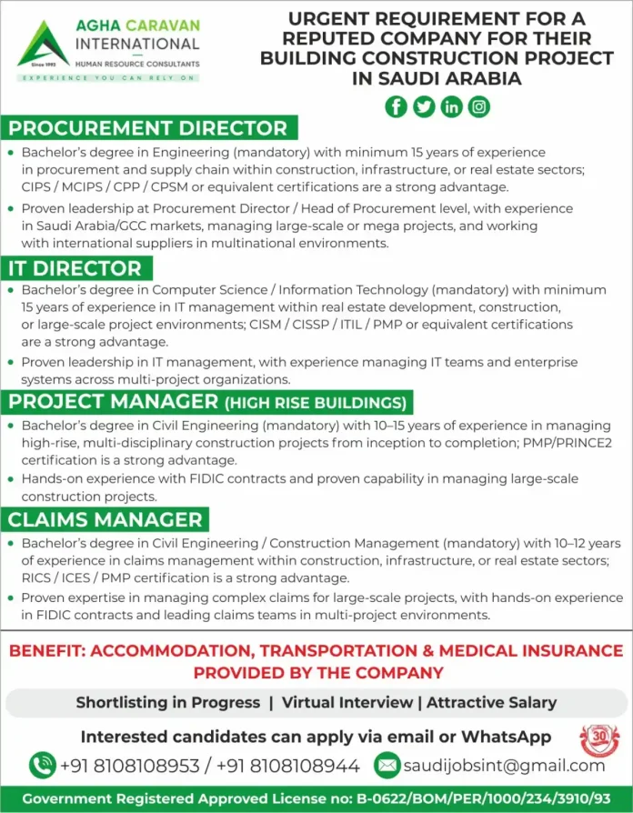 Construction project recruitment for Saudi Arabia positions