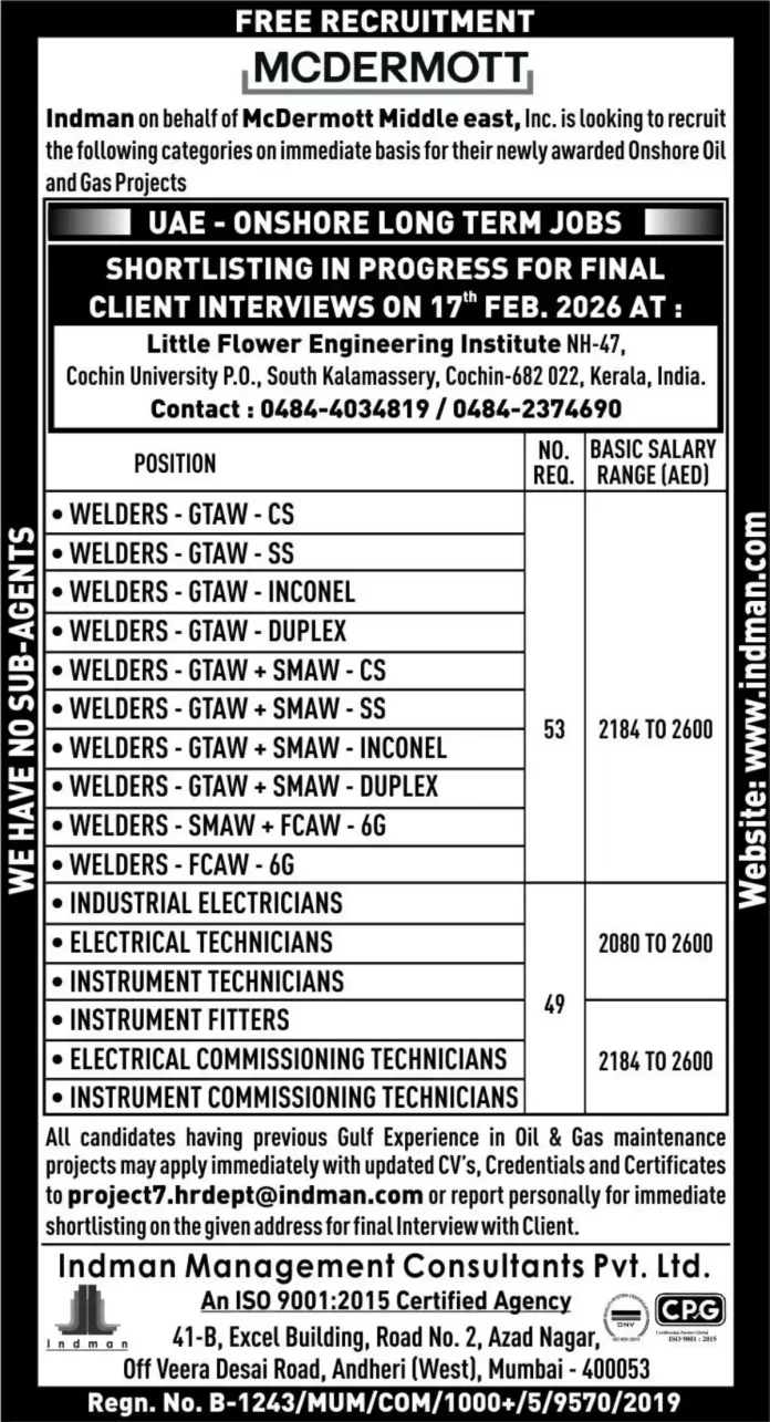 McDermott UAE Onshore Oil and Gas Jobs Recruitment 2026