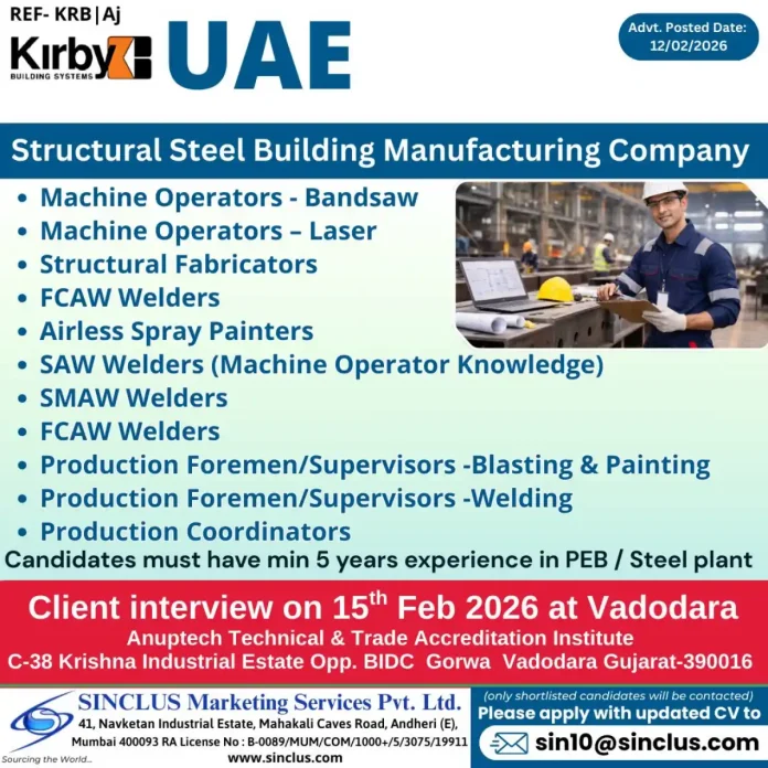 Kirby UAE Steel Manufacturing Plant Job Recruitment Drive 2026