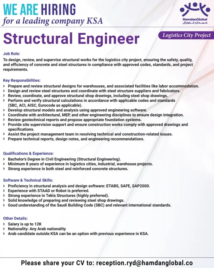 Structural Engineer position at HamdanGlobal for Logistics City Project in Saudi Arabia
