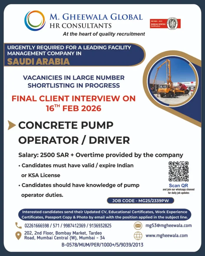 Concrete Pump Operator Driver Job Opportunity in Saudi Arabia with M Gheewala Global HR Consultants