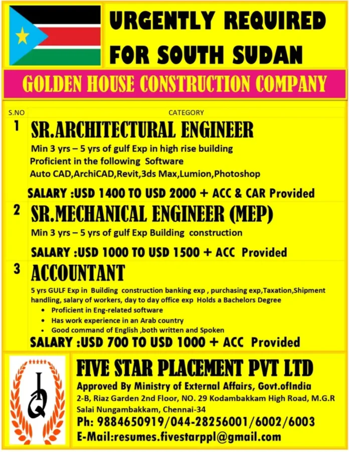 Golden House Construction Company South Sudan Recruitment
