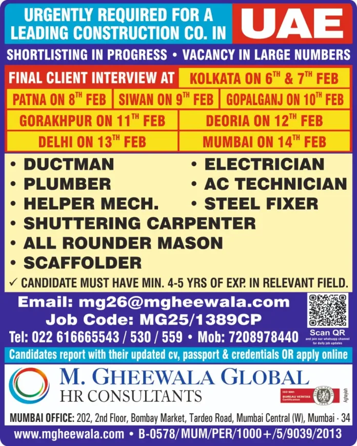 Recruitment for construction jobs in UAE with M. Gheewala Global HR Consultants