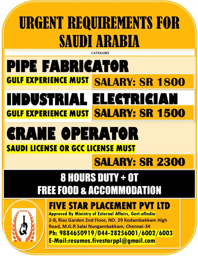 Urgent Job Openings in Saudi Arabia for Pipe Fabricator, Industrial Electrician and Crane Operator