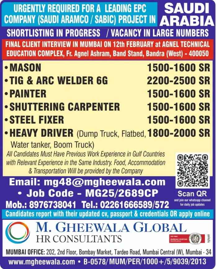 Saudi Aramco SABIC Project Recruitment Drive Mumbai February 2025