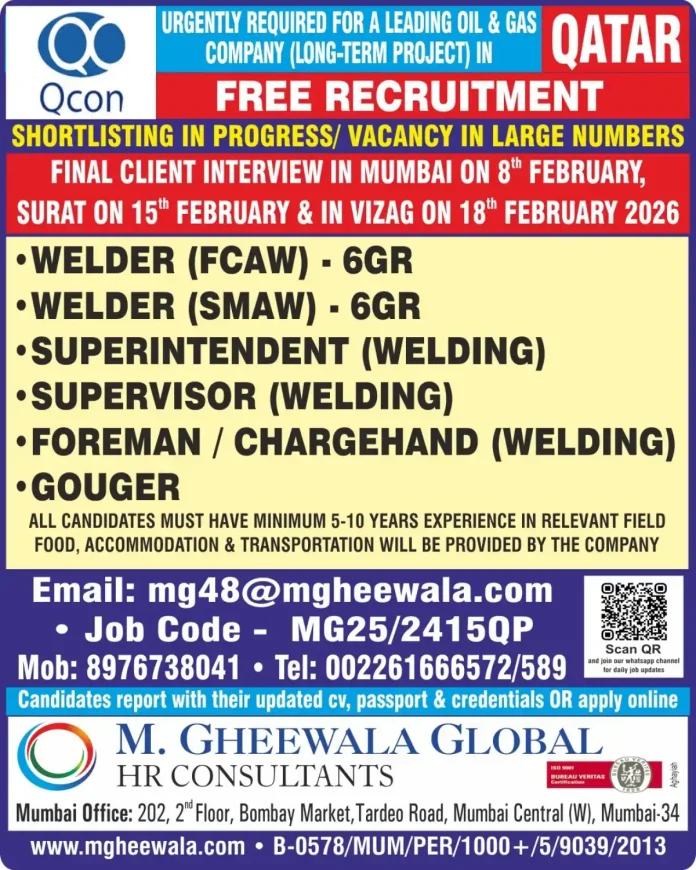 Welding professionals required for Qatar oil and gas company project