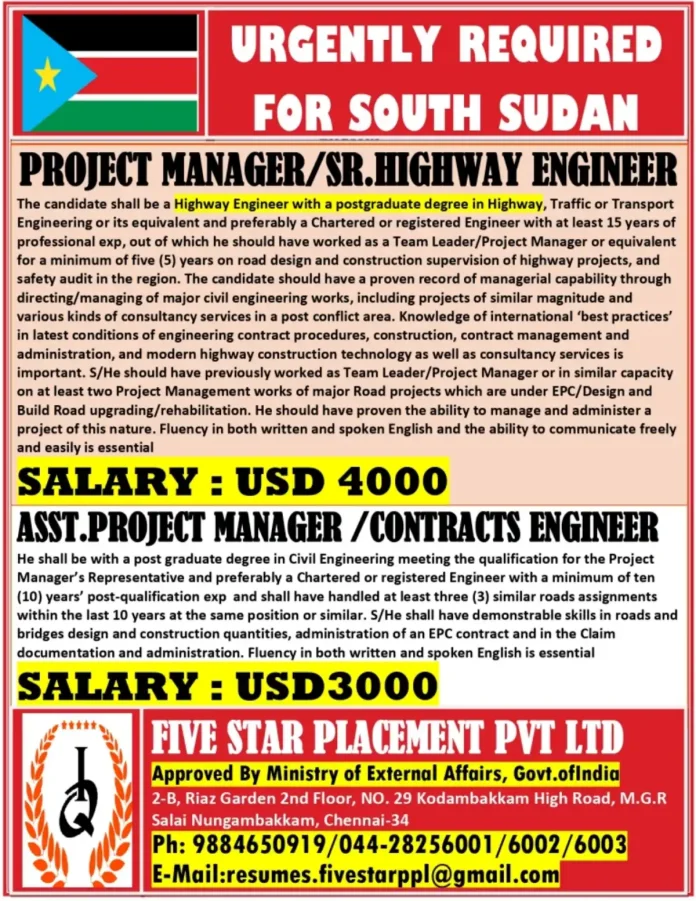 Highway Engineer and Project Manager Job Opportunities in South Sudan