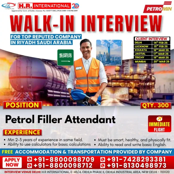 Walk-in Interview for Petrol Filler Attendant Jobs in Saudi Arabia