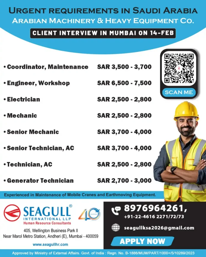 Arabian Machinery & Heavy Equipment Co. Job Recruitment Interview in Mumbai for Saudi Arabia