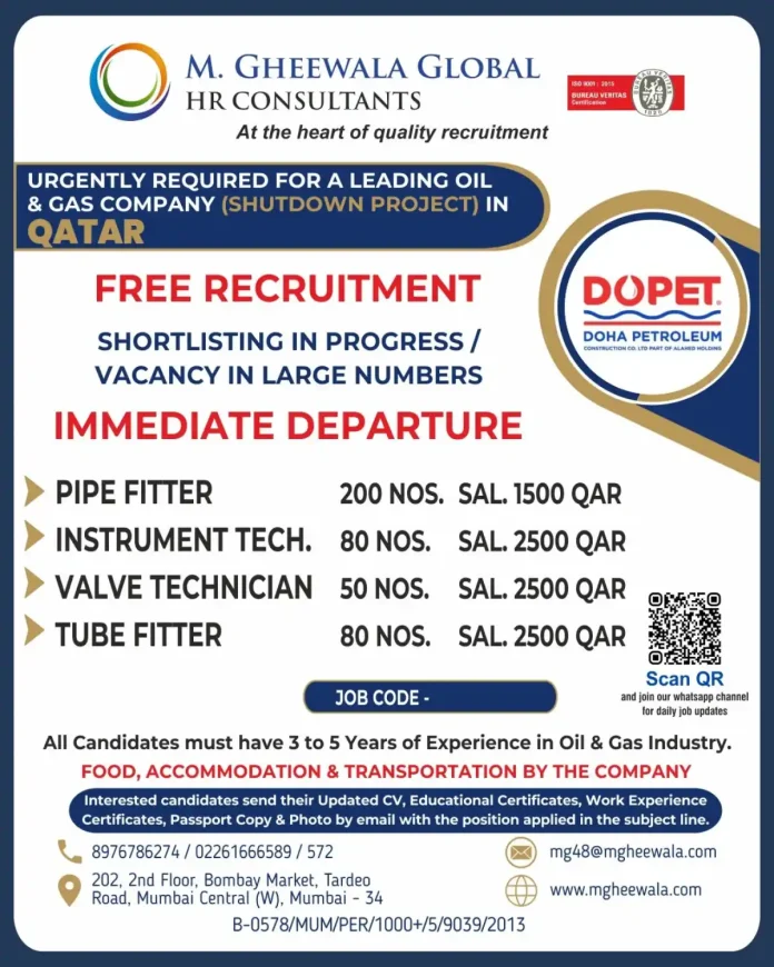 Urgent Qatar Oil Gas Shutdown Project Jobs Recruitment DOPET Company