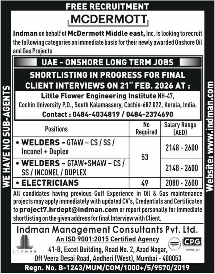 McDermott UAE Onshore Oil and Gas Project Recruitment by Indman Management Consultants