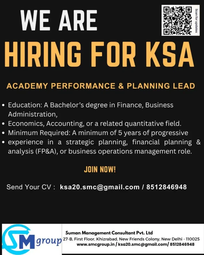 Academy Performance Planning Lead Job Opening in KSA with Suman Management Consultants
