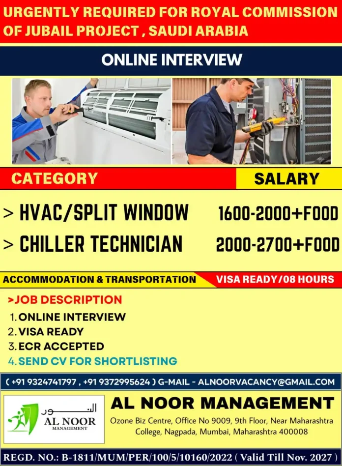 HVAC and Chiller Technician job opportunities at Royal Commission Jubail Project Saudi Arabia