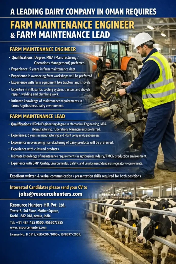 Farm Maintenance Engineer working on dairy farm equipment in Oman