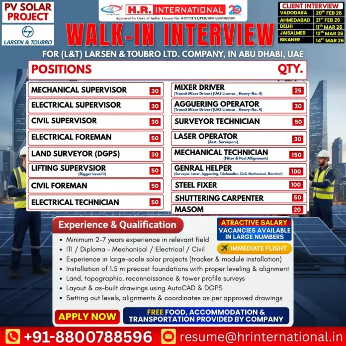 Larsen & Toubro PV Solar Project Recruitment Drive for Abu Dhabi UAE