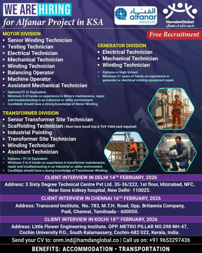 Alfanar Project KSA Recruitment for Technician Positions