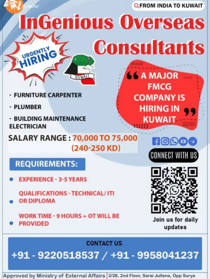 Urgent hiring for Carpenters Plumbers Electricians in Kuwait through InGenious Overseas