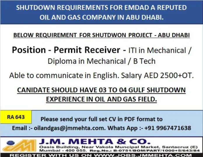 Permit Receiver Position for Oil and Gas Shutdown Project in Abu Dhabi