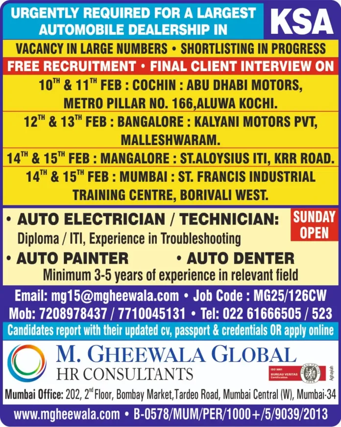 Recruitment for Automobile Jobs in Saudi Arabia - Auto Electrician, Painter, Denter