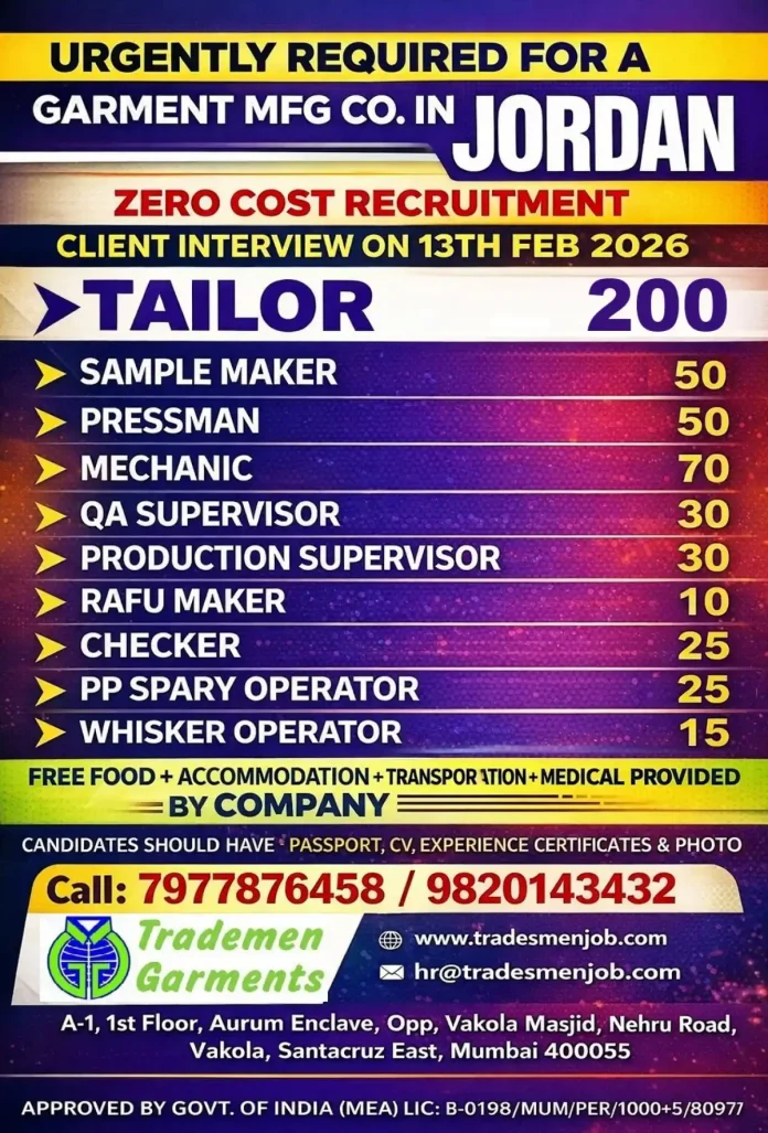Garment manufacturing jobs in Jordan with free accommodation and food