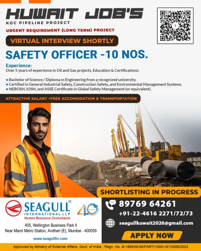 Safety Officer positions available for KOC Pipeline Project in Kuwait