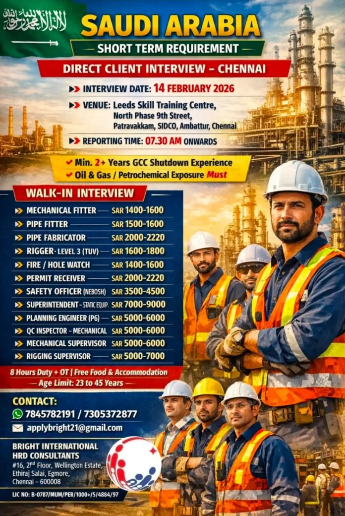 Walk-in Interview for Saudi Arabia Job Openings at Leeds Skill Training Centre, Chennai