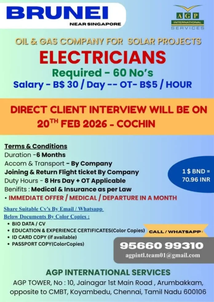 Electrician job opportunities in Brunei for solar energy projects