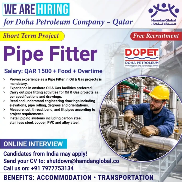Pipe Fitter Job Opening at Doha Petroleum Company Qatar