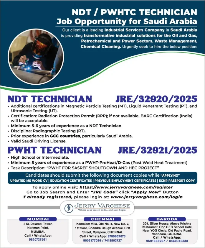 NDT Technician and PWHT Technician jobs in Saudi Arabia industrial sector