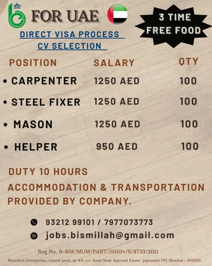 UAE Construction Jobs Recruitment 2023 - Carpenter Steel Fixer Mason Helper Positions