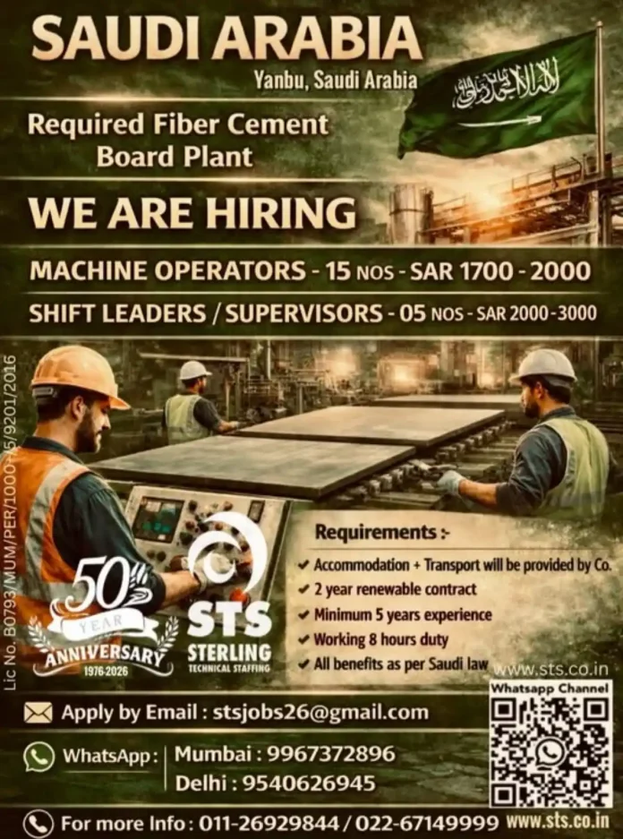 STS Technical Staffing recruitment for Fiber Cement Board Plant jobs in Yanbu, Saudi Arabia