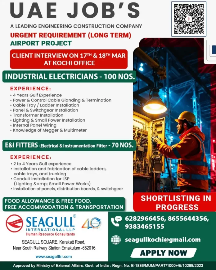 UAE Airport Construction Project Recruitment for Electricians and E&I Fitters - Kochi Interviews