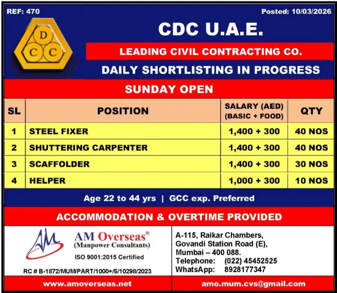 Civil construction jobs in UAE 2026 - Steel fixer, carpenter, scaffolder and helper vacancies