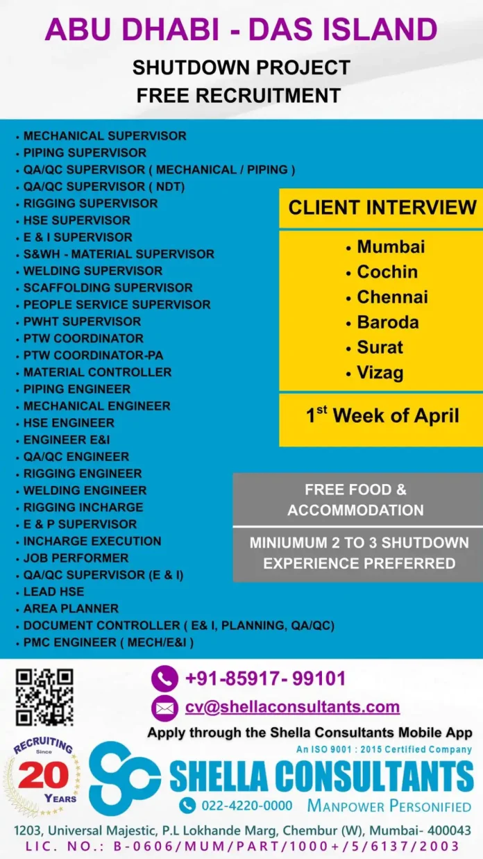 Shella Consultants Abu Dhabi Das Island Shutdown Project Recruitment