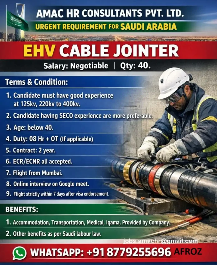 EHV Cable Jointer technician working on high-voltage cables in Saudi Arabia