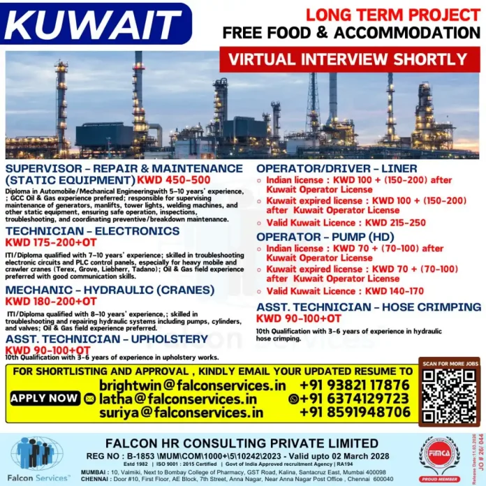 Kuwait job opportunities with free food and accommodation - Falcon HR Consulting recruitment