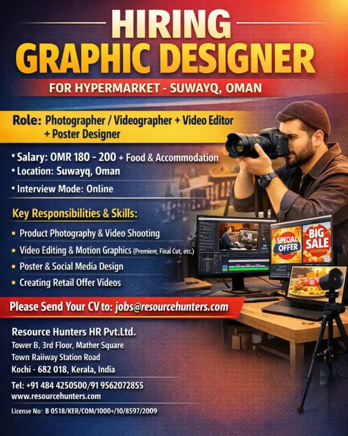 Graphic Designer Job Opportunity in Suwayq Oman with photography and video editing skills