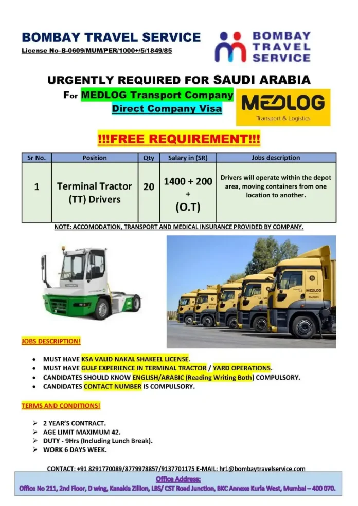 Terminal Tractor Driver operating in a depot for MEDLOG Transport Company in Saudi Arabia