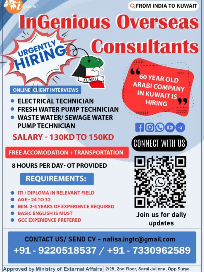 InGenious Overseas Recruitment for Electrical and Pump Technician Jobs in Kuwait