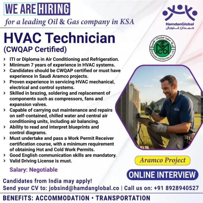 HVAC Technician working on industrial air conditioning unit for KSA Oil and Gas company