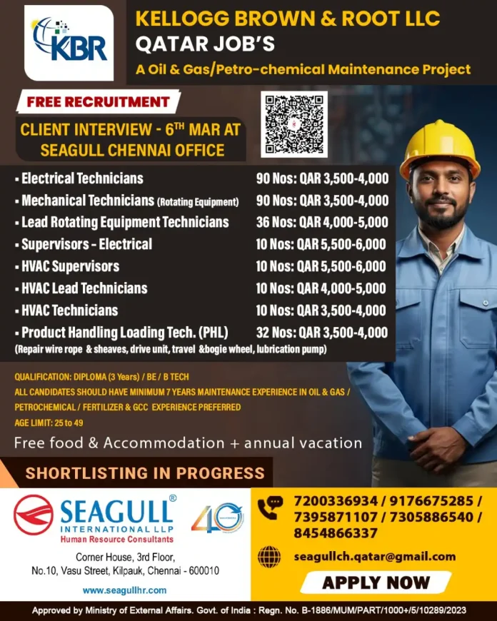 KBR Qatar Oil and Gas Jobs Recruitment 2024 - Seagull International Chennai Interview