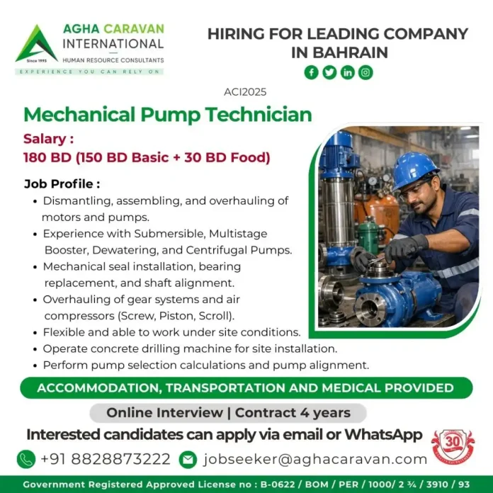 Mechanical Pump Technician Job Opportunity in Bahrain with AGHA CARAVAN