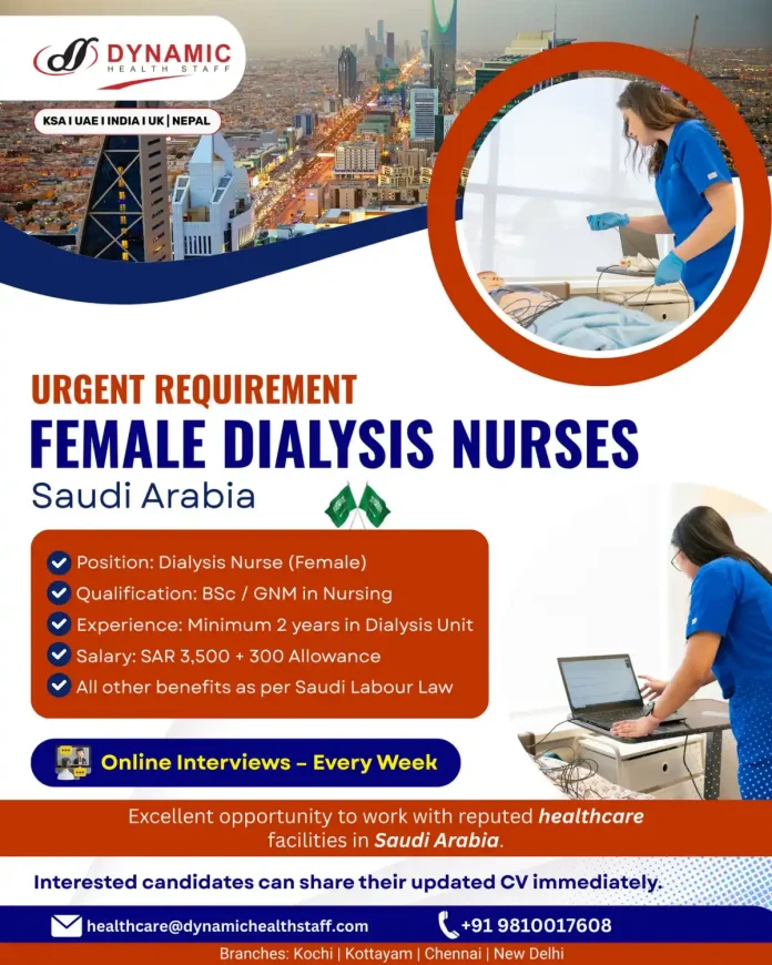 Female Dialysis Nurse working in Saudi Arabia healthcare facility