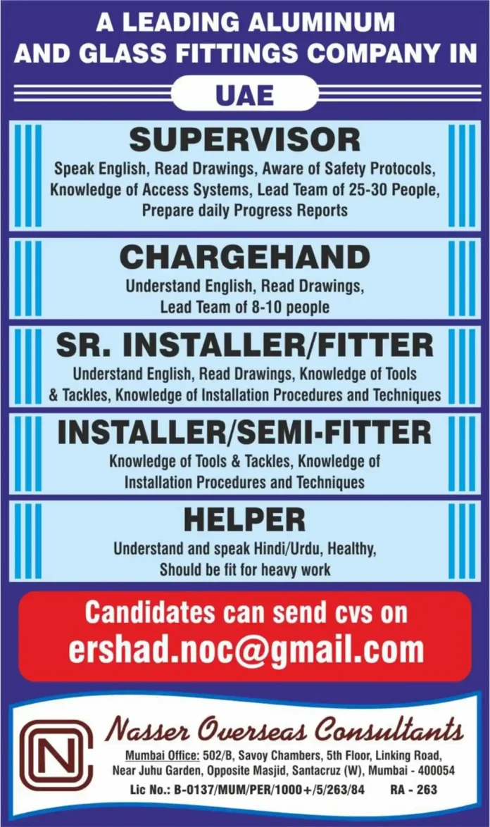 Aluminum and glass fittings installation team at work on a construction site in UAE