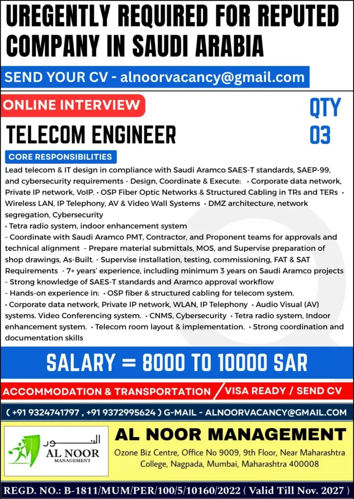Telecom Engineer Job in Saudi Arabia - Urgent Hiring for Saudi Aramco Projects