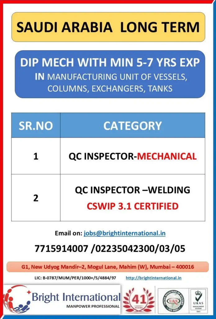 QC Inspector Job Opportunities in Saudi Arabia - Bright International Recruitment