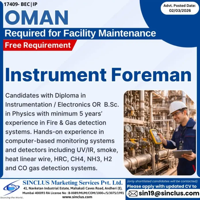 Instrument Foreman Job Vacancy in Oman - Facility Maintenance Position